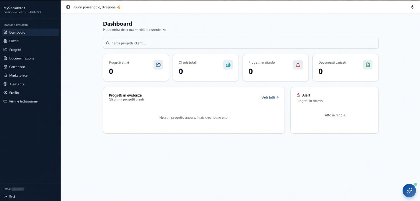 Dashboard MyConsultant con KPI progetti, clienti, ritardi e documenti caricati